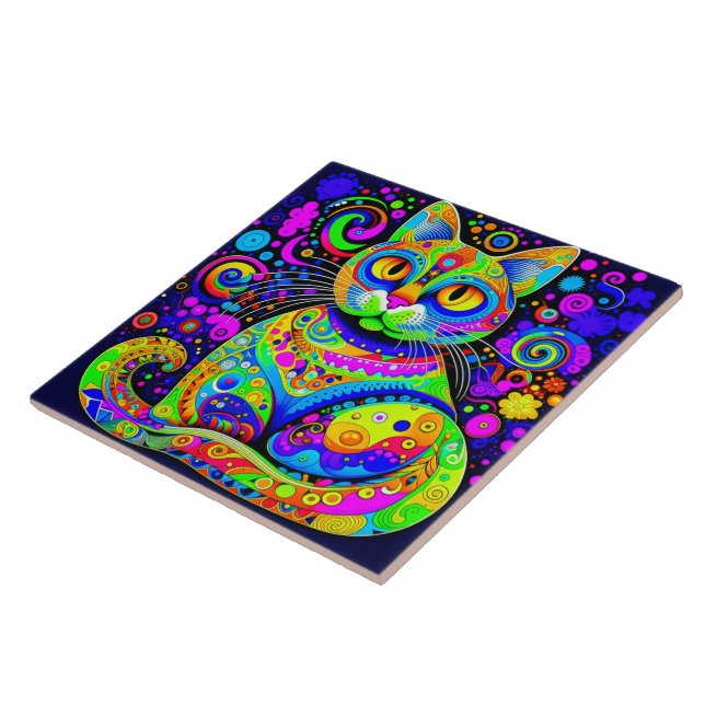 Artsy Whimsical Vibrant Colourful Cat Ceramic Tile (Side)