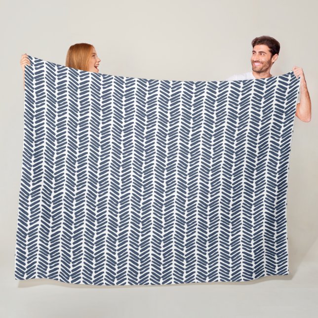 Artsy White Dark Grey Slate Blue Abstract Chevron Fleece Blanket (In Situ)