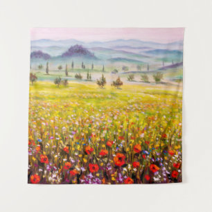 Artwork Italian tuscany cypresses landscape with m Tapestry