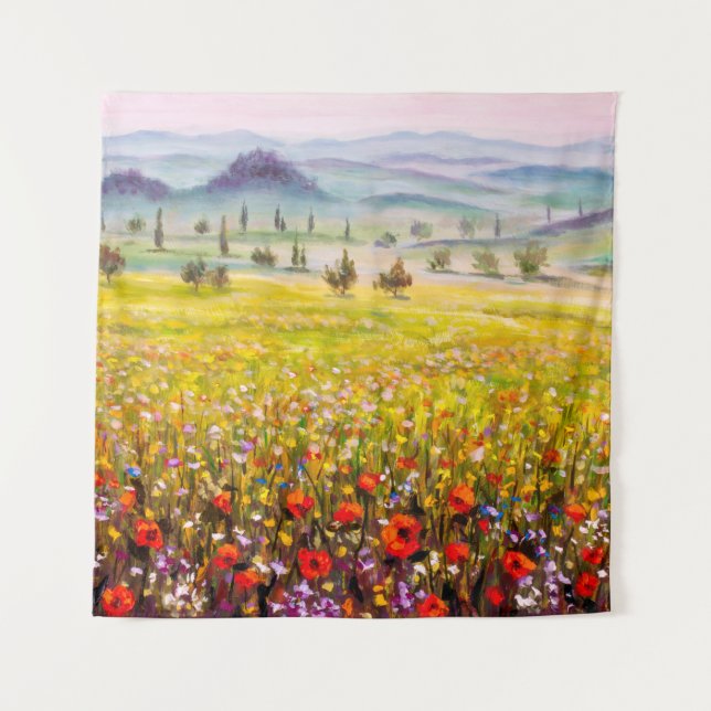 Artwork Italian tuscany cypresses landscape with m Tapestry (Front)