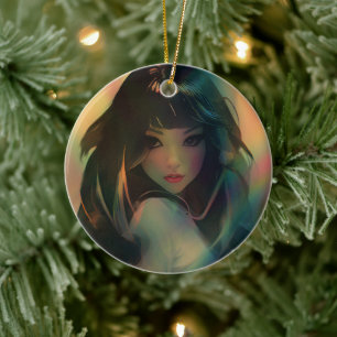 Artwork of Anime Girl Surrounded by Rainbow Light Ceramic Tree Decoration