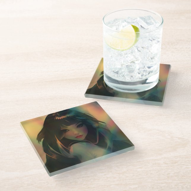 Artwork of Anime Girl Surrounded by Rainbow Light Glass Coaster (Angled)