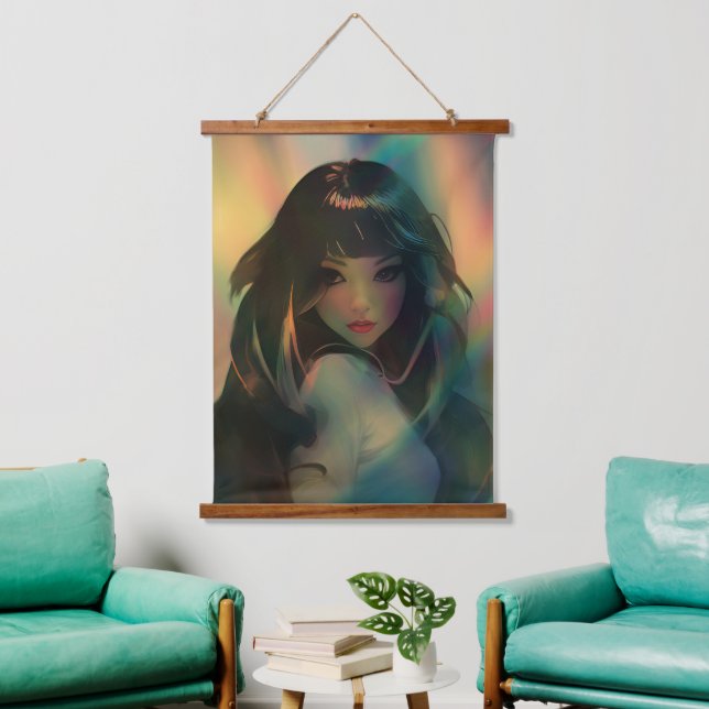 Artwork of Anime Girl Surrounded by Rainbow Light Hanging Tapestry (Living Room)
