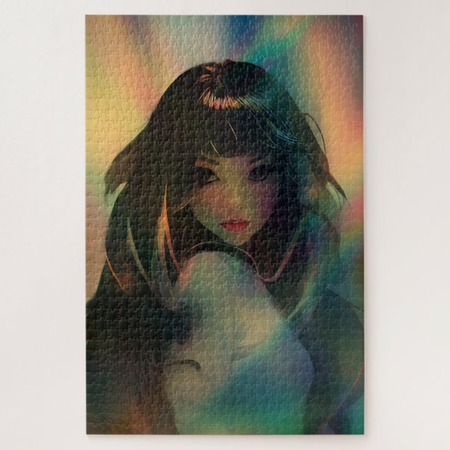 Artwork of Anime Girl Surrounded by Rainbow Light Jigsaw Puzzle (Vertical)