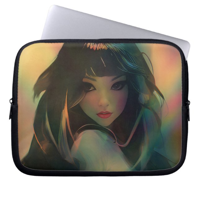 Artwork of Anime Girl Surrounded by Rainbow Light Laptop Sleeve (Front)