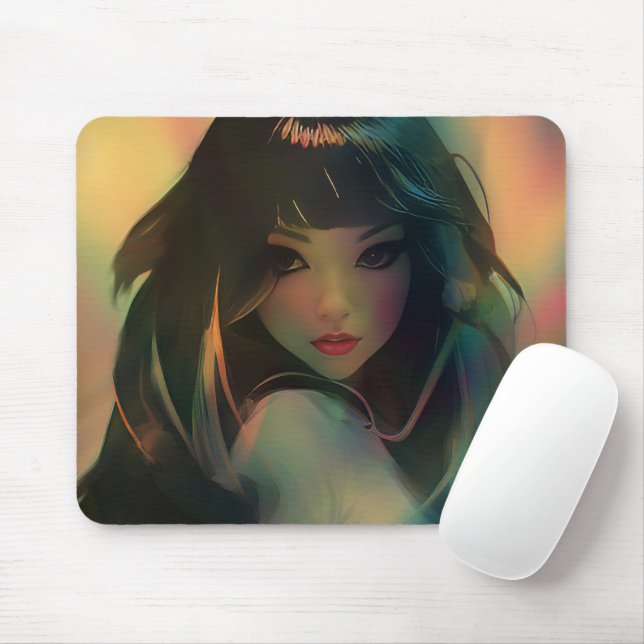 Artwork of Anime Girl Surrounded by Rainbow Light Mouse Mat (With Mouse)