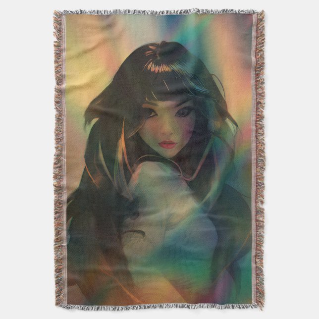 Artwork of Anime Girl Surrounded by Rainbow Light Throw Blanket (Front Vertical)