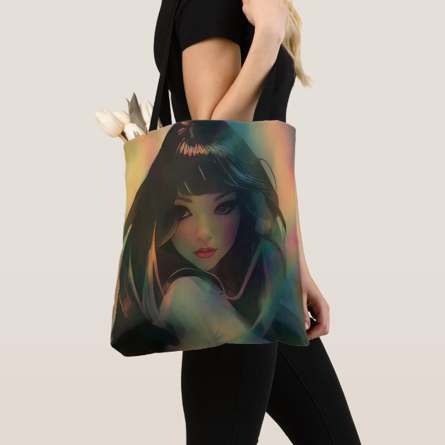 Artwork of Anime Girl Surrounded by Rainbow Light Tote Bag (Close Up)