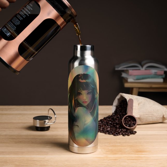 Artwork of Anime Girl Surrounded by Rainbow Light Water Bottle (Coffee)