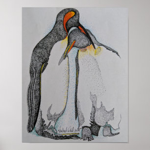 Artwork, Penguins, cuddling, Drawing, Art Poster