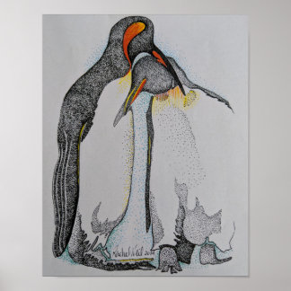 Artwork, Penguins, cuddling, Drawing, Art Poster