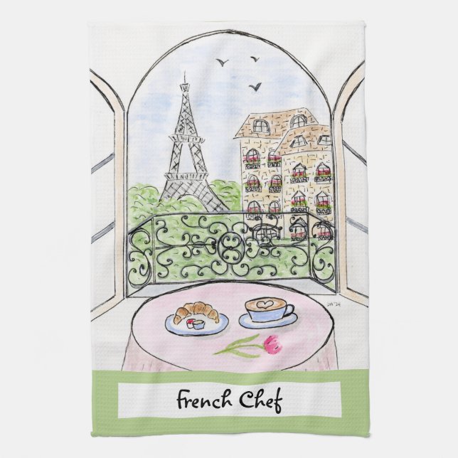 Artwork Whimsical Paris Eiffel Tower French Chef  Tea Towel (Vertical)