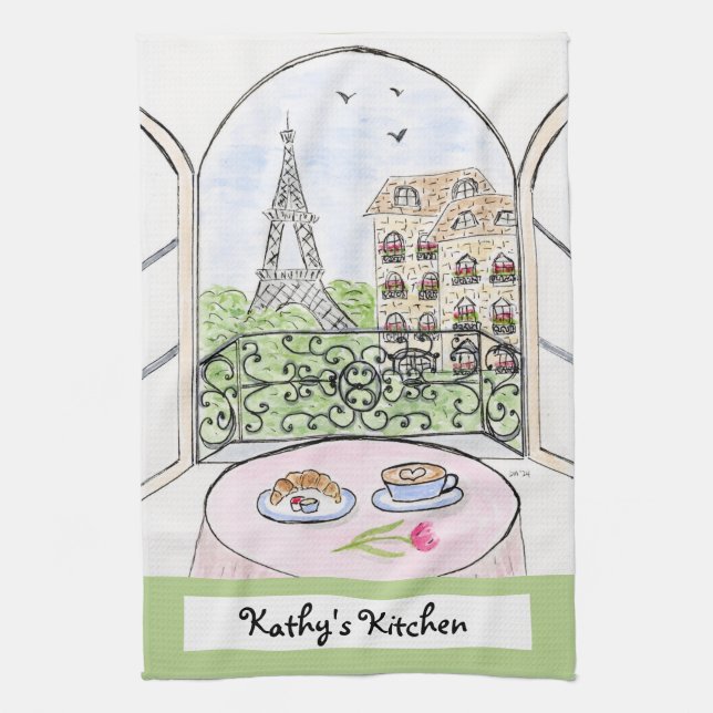 Artwork Whimsical Paris Eiffel Tower PERSONALIZE Tea Towel (Vertical)