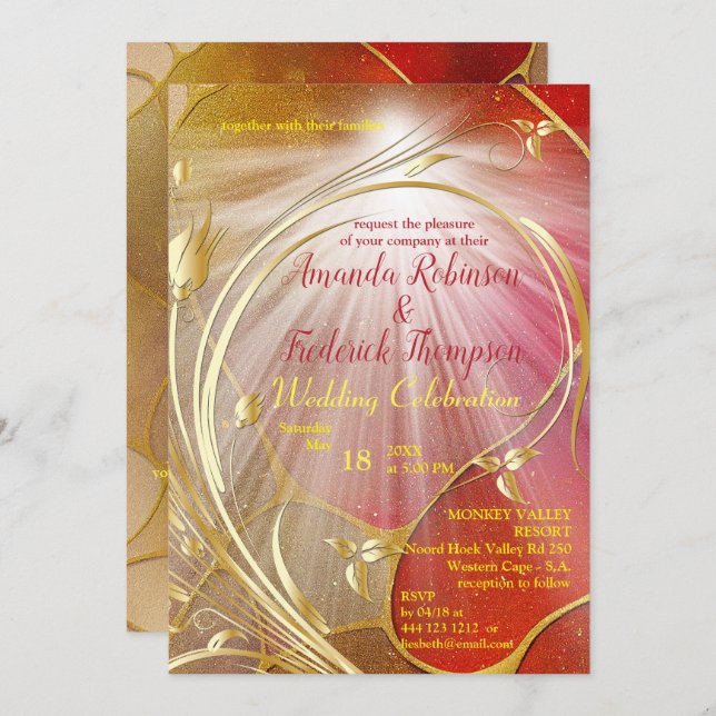 Arty abstract Gold flower Magenta 2023 colour Invi Invitation (Front/Back)