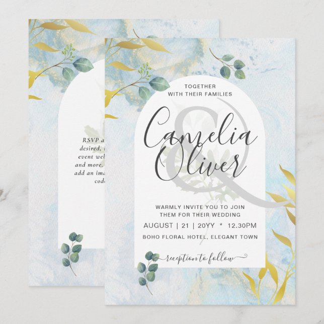 Arty Botanical Greenery Gold Wedding Invitation (Front/Back)