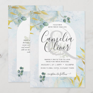 Arty Botanical Greenery Gold Wedding Invitation