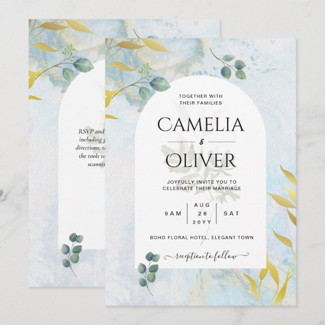 Arty Botanical Greenery Gold Wedding Invitation (Front/Back)