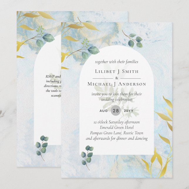 Arty Botanical Greenery Gold Wedding Invitation (Front/Back)