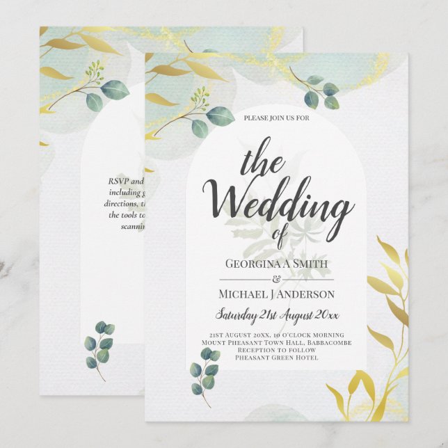Arty Botanical Greenery Gold Wedding Invitation (Front/Back)