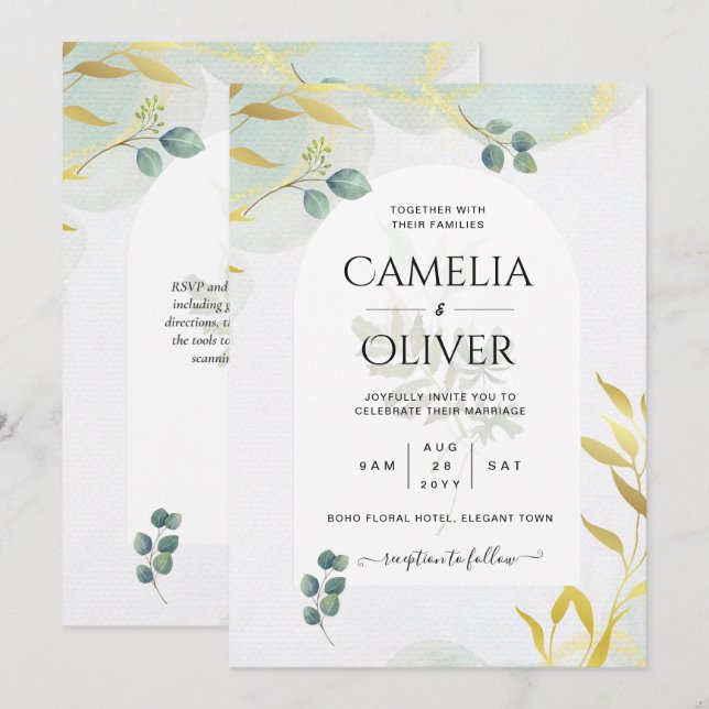 Arty Botanical Greenery Gold Wedding Invitation (Front/Back)