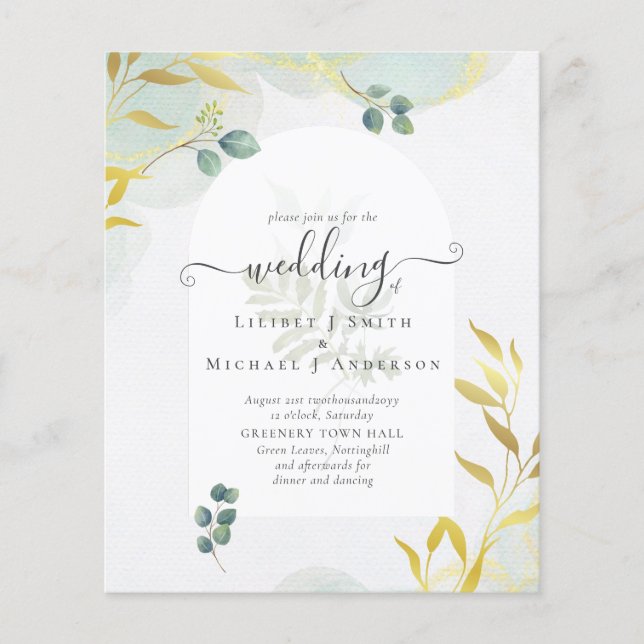 Arty Botanical Greenery Gold Wedding Invitation Flyer (Front)