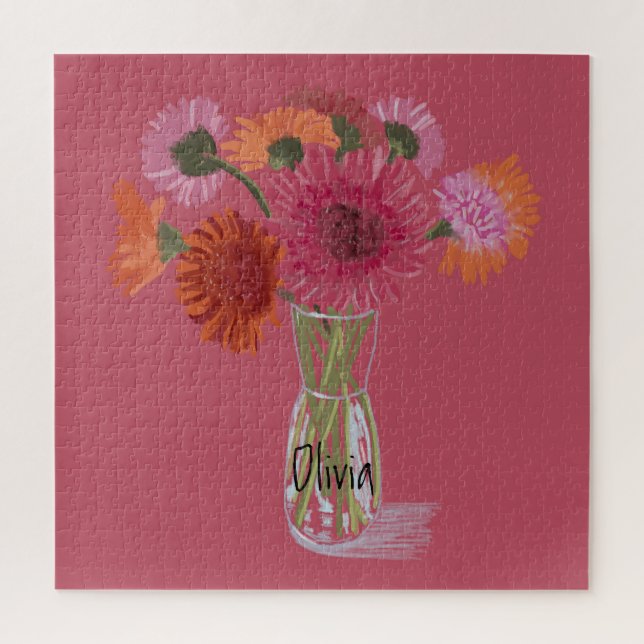 Arty Gerbera Colourful Flower  +Custom Name Jigsaw Puzzle (Vertical)