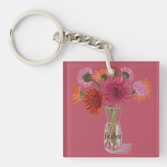 Arty Gerbera Colourful Flower  +Custom Name Key Ring (Front)