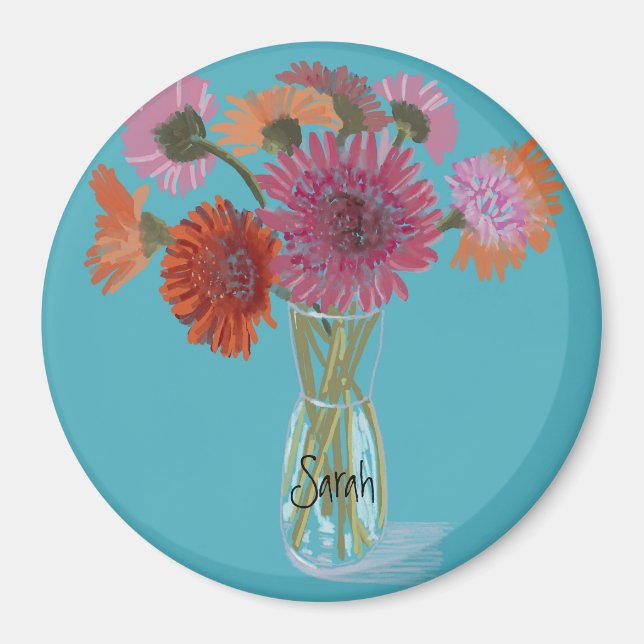 Arty Gerbera Colourful Flower  +Custom Name Magnet (Front)