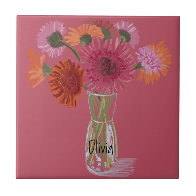 Arty Gerbera Colourful Flower  +Custom Name Tile (Front)