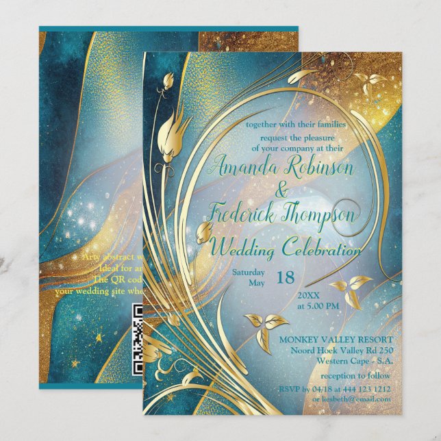 Arty Gold abstract flower Invitation (Front/Back)