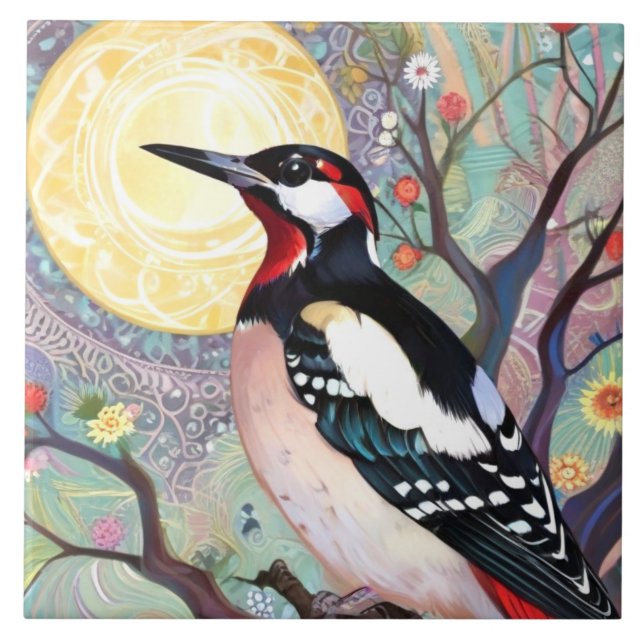 Arty Great Spotted Woodpecker Bird Painting Tile (Front)