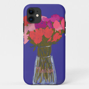 Arty Happy Colourful Flowers In Vase  +Custom Name iPhone 11 Case