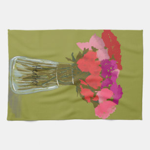 Arty Happy Colourful Flowers In Vase  +Custom Name Tea Towel