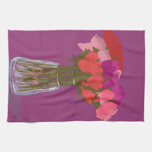 Arty Happy Colourful Flowers In Vase  +Custom Name Tea Towel