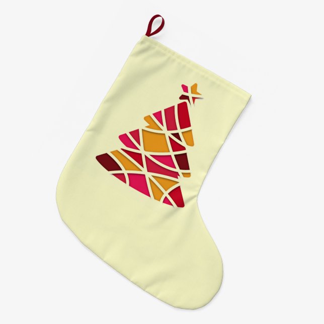 Arty modern red and pink Christmas tree Large Christmas Stocking (Front (Hanging))
