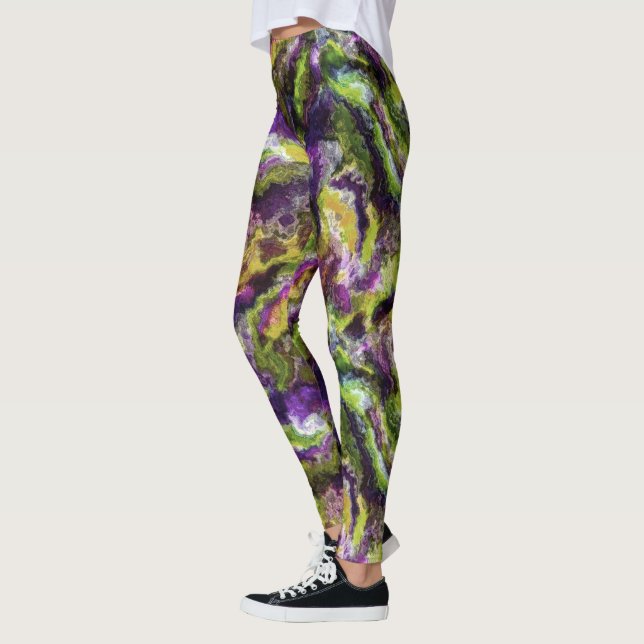 Arty Purple Pink Lime Green Black Paint Swirl Leggings (Left)