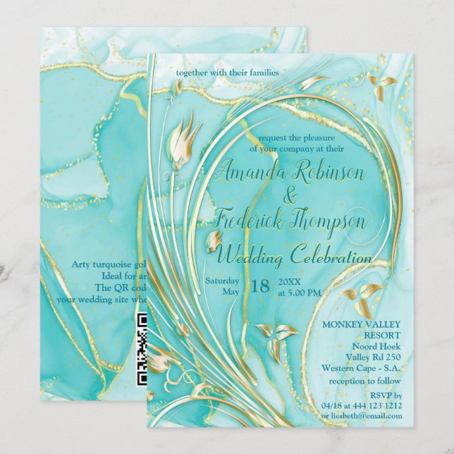 Arty turquoise Gold abstract flower Invitation (Front/Back)