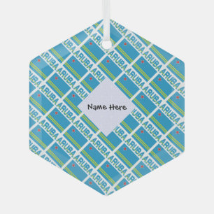 Aruba and Aruban Flag Tiles with Your Name Hexagon Glass Tree Decoration