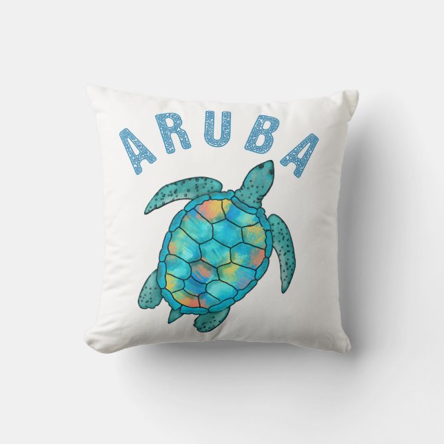 Aruba Beach Sea Turtle Illustration Cushion (Front)