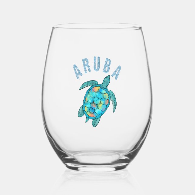 Aruba Beach Sea Turtle Illustration Stemless Wine Glass (Front)