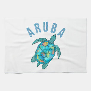 Aruba Beach Sea Turtle Illustration Tea Towel