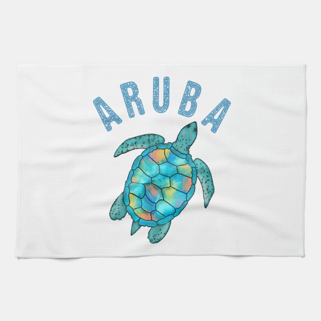 Aruba Beach Sea Turtle Illustration Tea Towel (Horizontal)