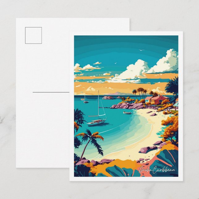 Aruba Caribbean Art Vintage Travel Illustration Postcard (Front/Back)