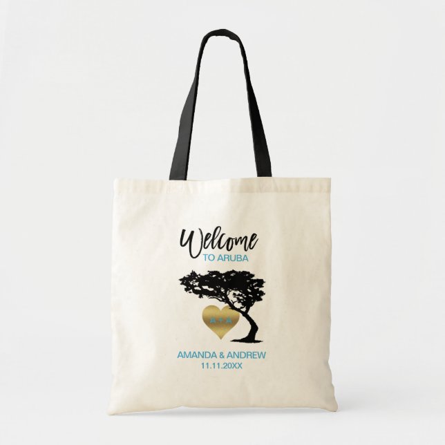 ARUBA Devi Tree Gold Heart Welcome Wedding Gift Tote Bag (Front)