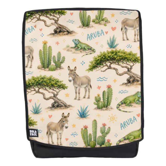 Aruba divi tree, donkey, iguana, cactus backpack (Front)