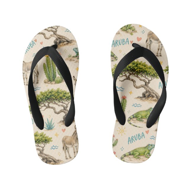 Aruba divi tree, donkey, iguana, cactus kid's flip flops (Footbed)