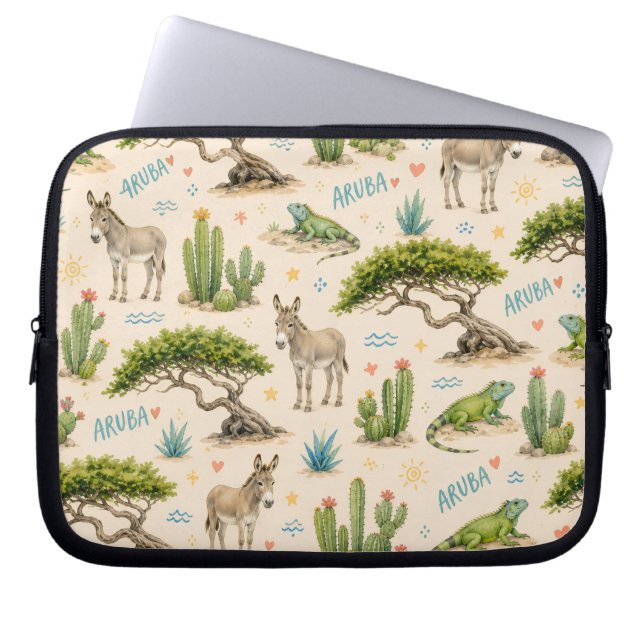 Aruba divi tree, donkey, iguana, cactus laptop sleeve (Front)