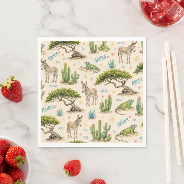 Aruba divi tree, donkey, iguana, cactus napkin (Insitu)