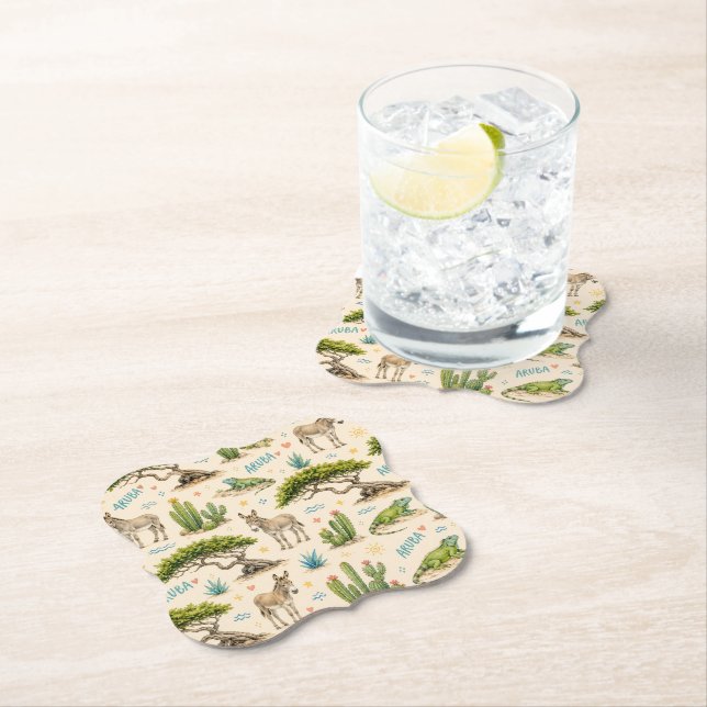 Aruba divi tree, donkey, iguana, cactus paper coaster (Insitu)