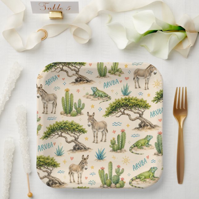 Aruba divi tree, donkey, iguana, cactus paper plate (Wedding)